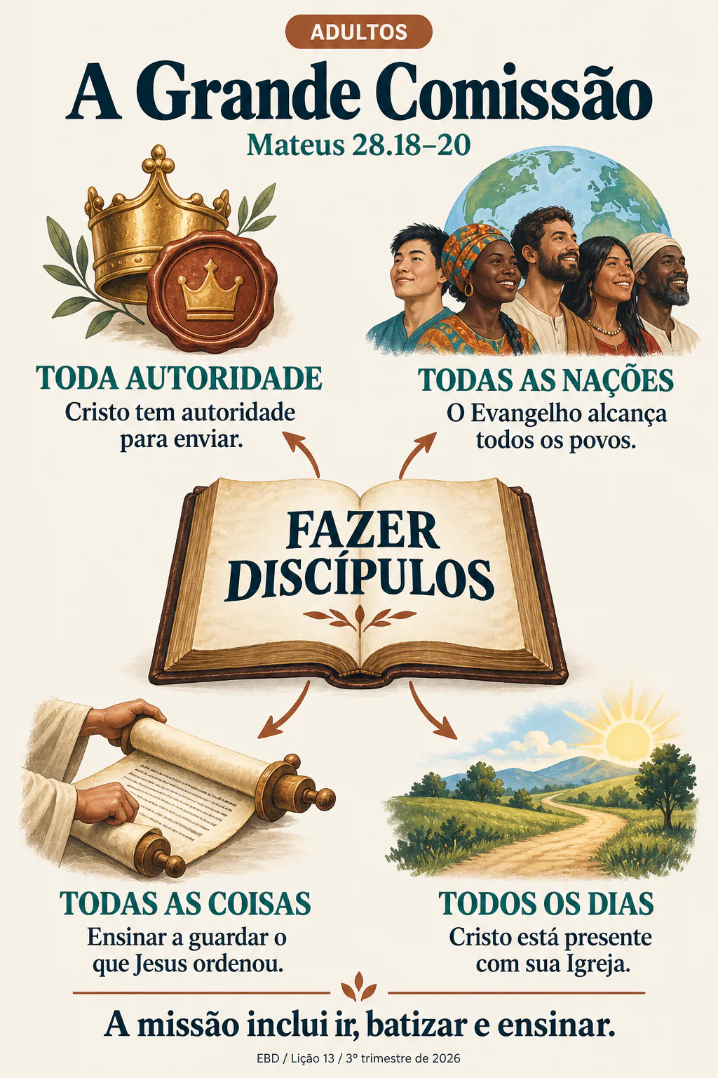 A Grande Comissão: fazer discípulos de todos os povos, sob a autoridade e a presença de Cristo.