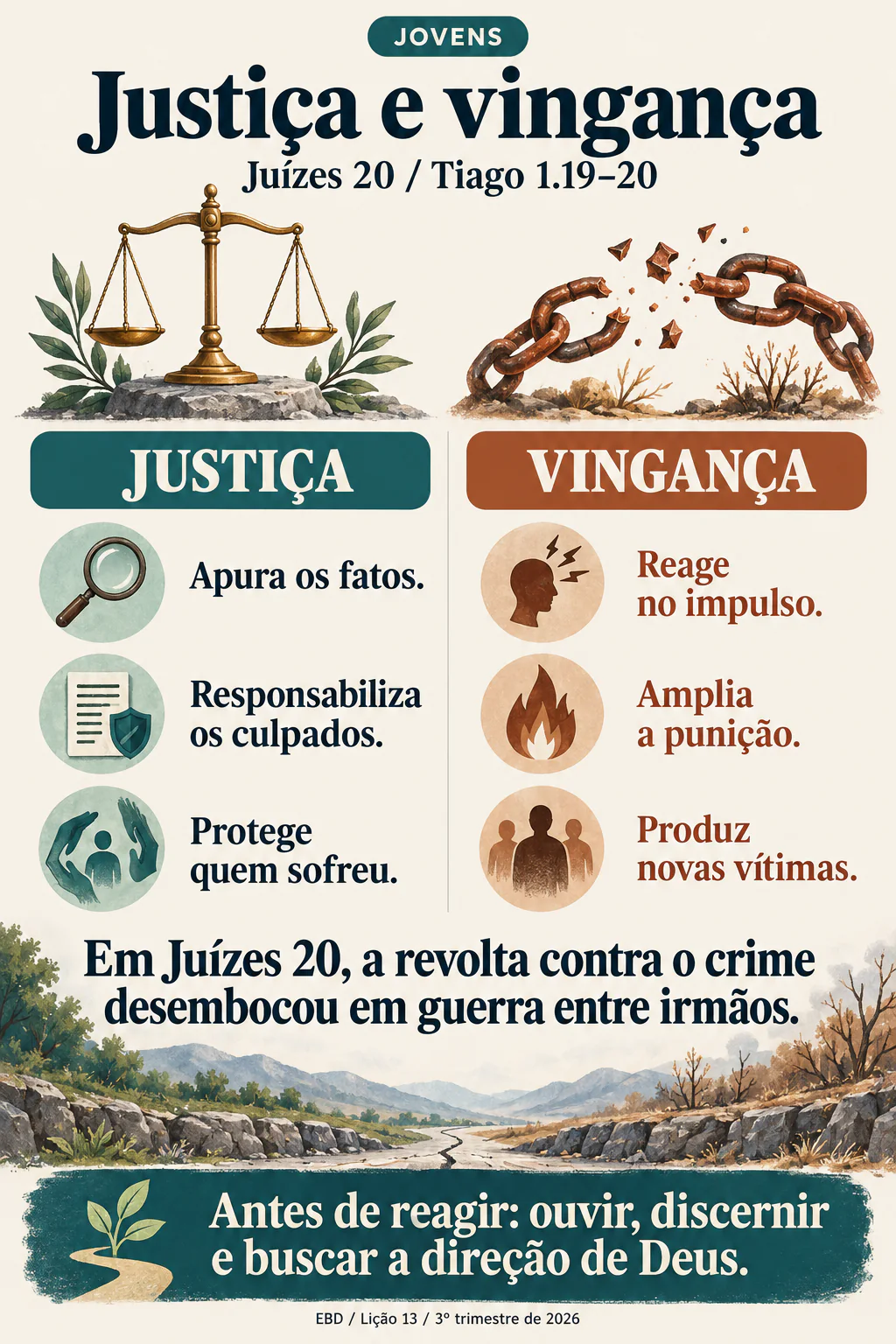 Justiça e vingança: apurar os fatos e proteger vítimas, em contraste com reagir no impulso e ampliar a punição.