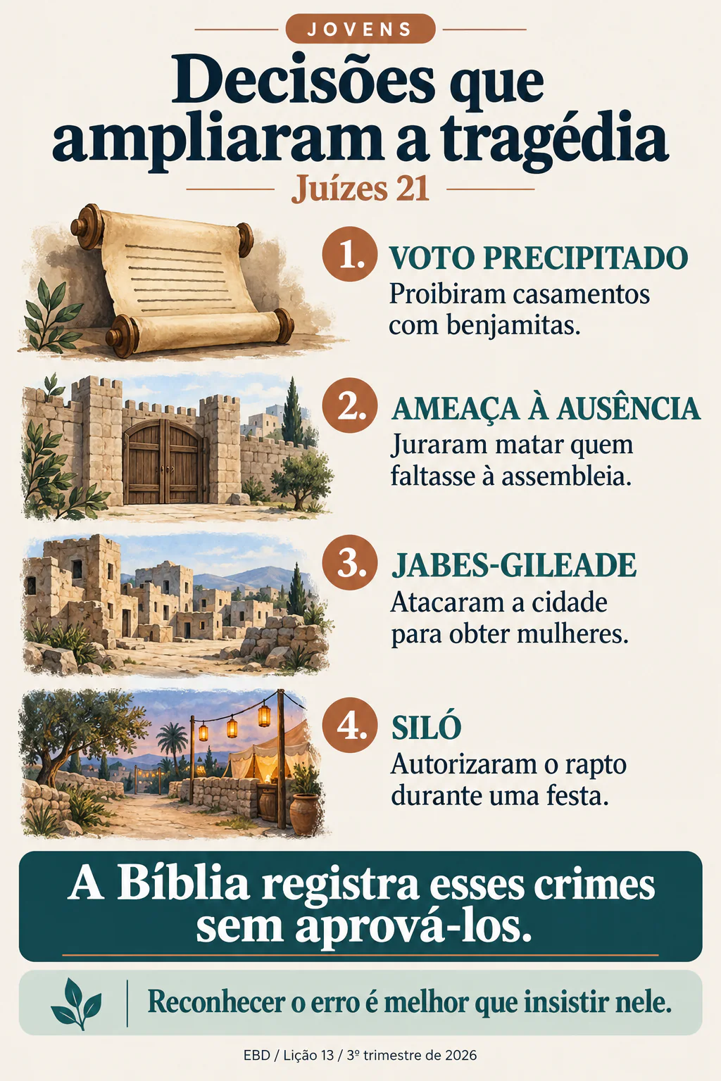 Juízes 21: votos precipitados, o ataque a Jabes-Gileade e o rapto em Siló ampliaram a tragédia.