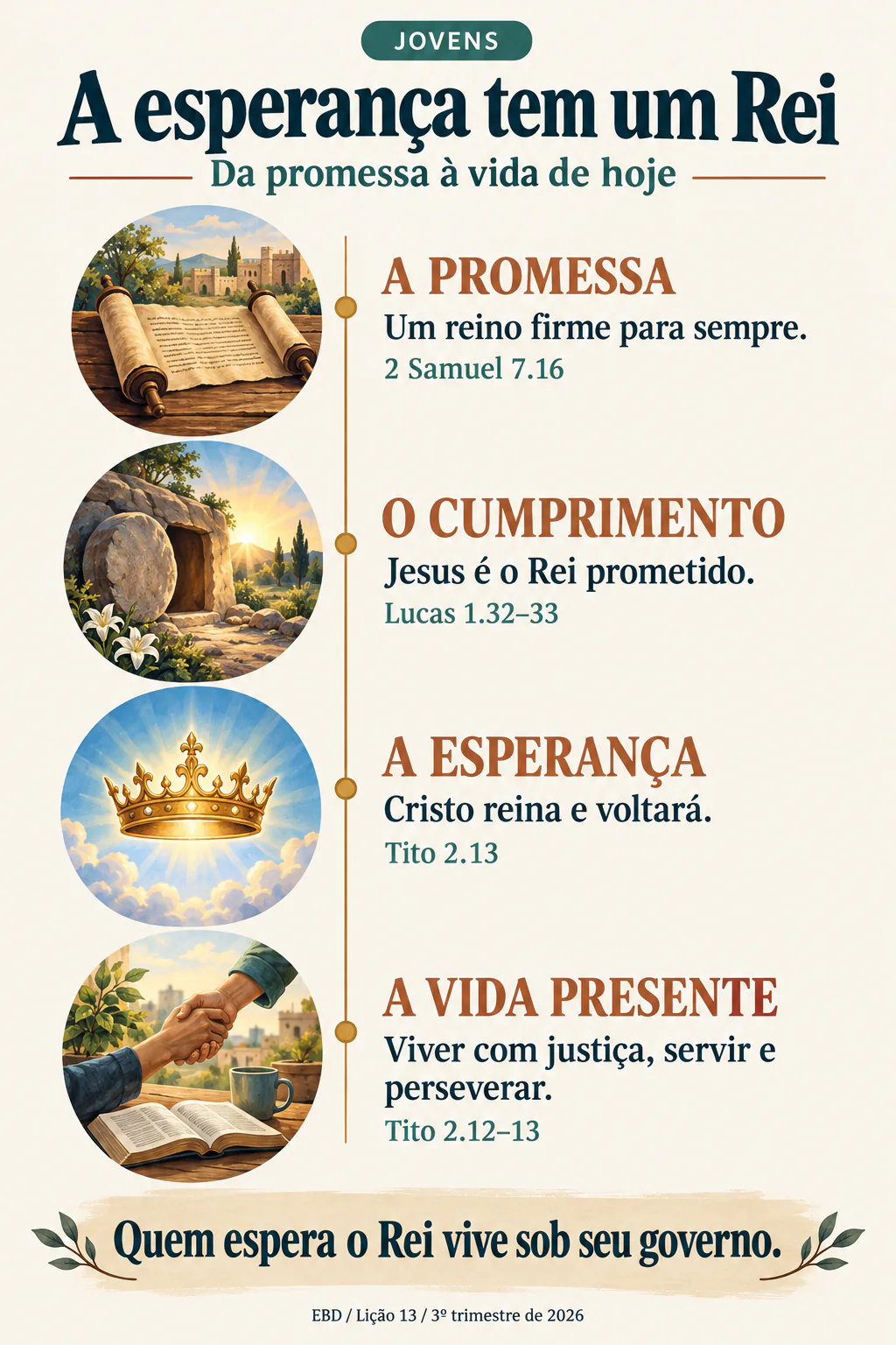 A esperança no Rei: promessa a Davi, cumprimento em Jesus, sua volta e uma vida de justiça e serviço.
